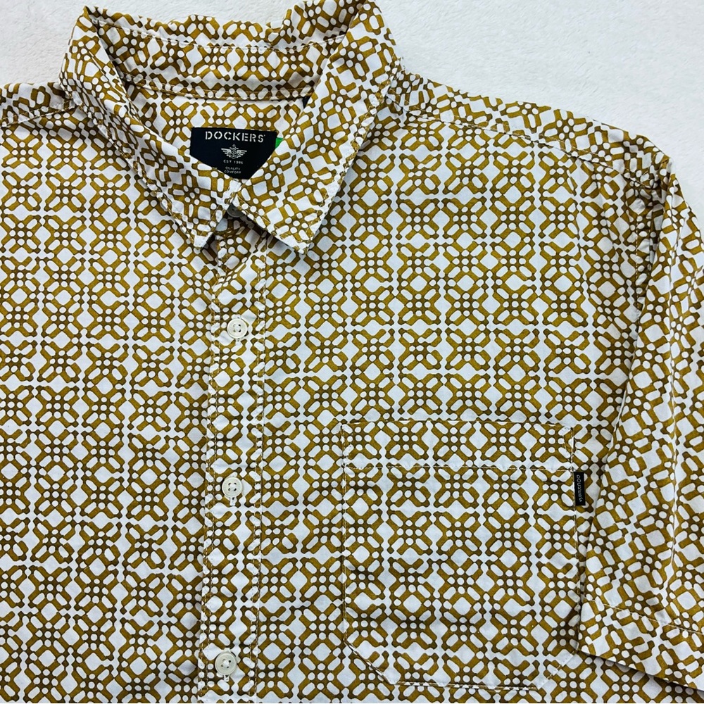 DOCKERS Eco Waterless Brown White Geometric Short Sleeve Button Down Shirt XL